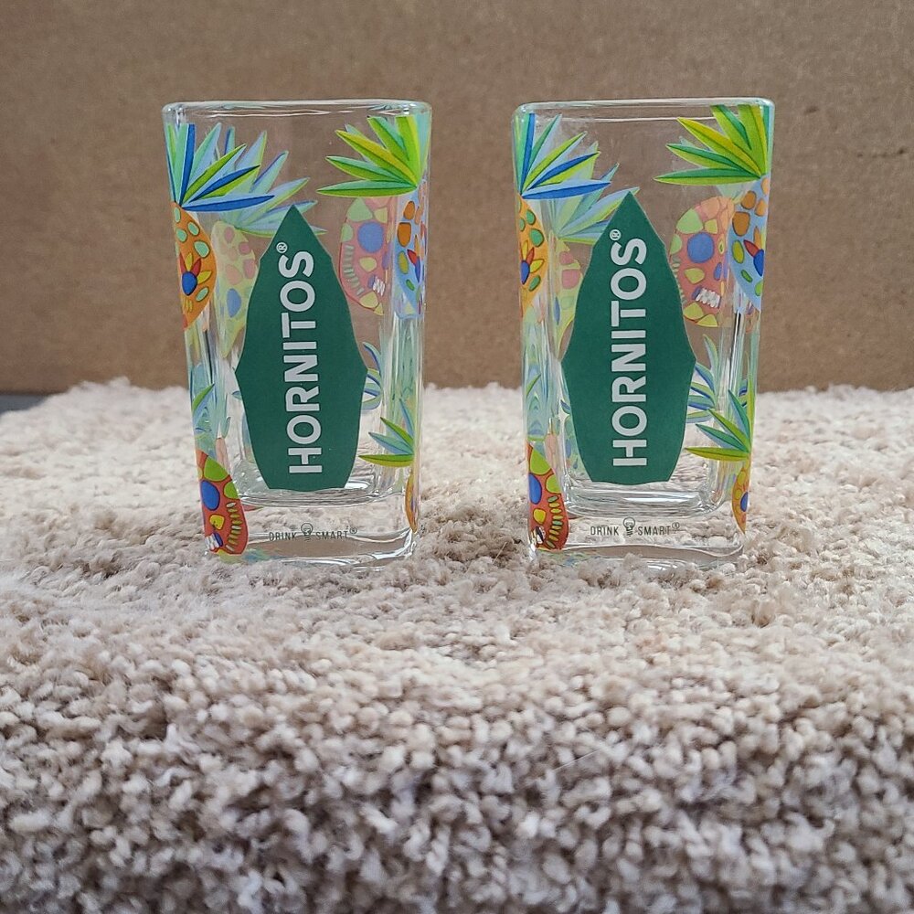 2 Hornitos Square Colorful Tropical Pineapple Skulls Tequila Shot Glass Souvenir